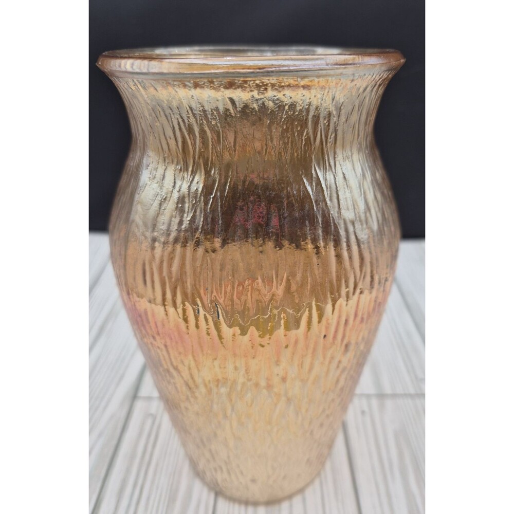 Vintage Jeannette Marigold Carnival Glass Tree Bark Vase 7 3/4" Iridescent